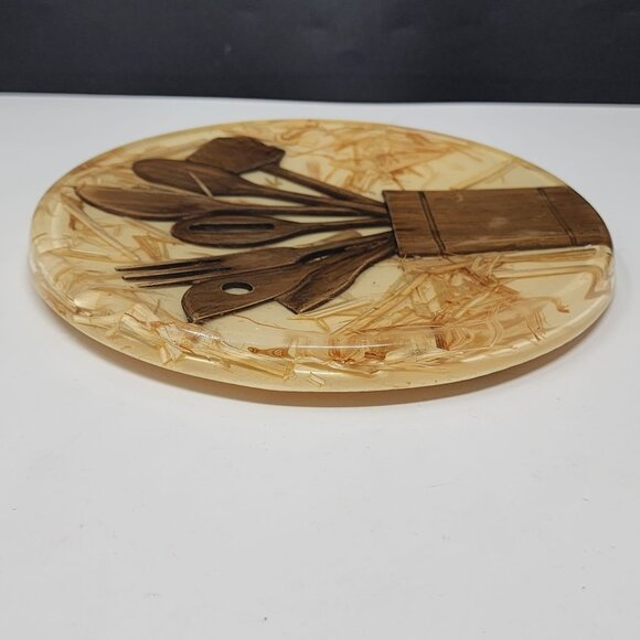 Handcrafted Wooden Kitchen Utensils Design Round Resin Trivet 7-3/4" - Picture 10 of 10